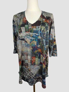 INOAH Abstract Village Knit Tunic Top Sz L Artsy Lagenlook Wearable Art EUC